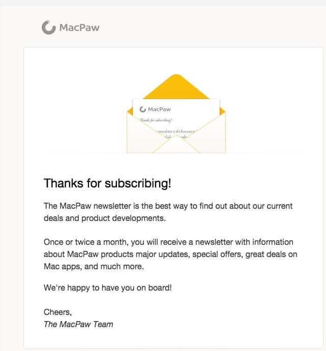 welcome email example by macpaw