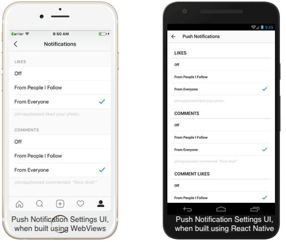 UI and UX of Push Notification Settings of Instagram's iOS app - A comparison before and after shifting to React Native