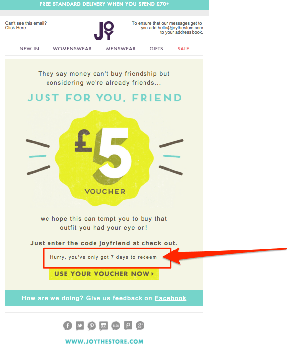Joy’s email offers $5 off with a 7-day deadline