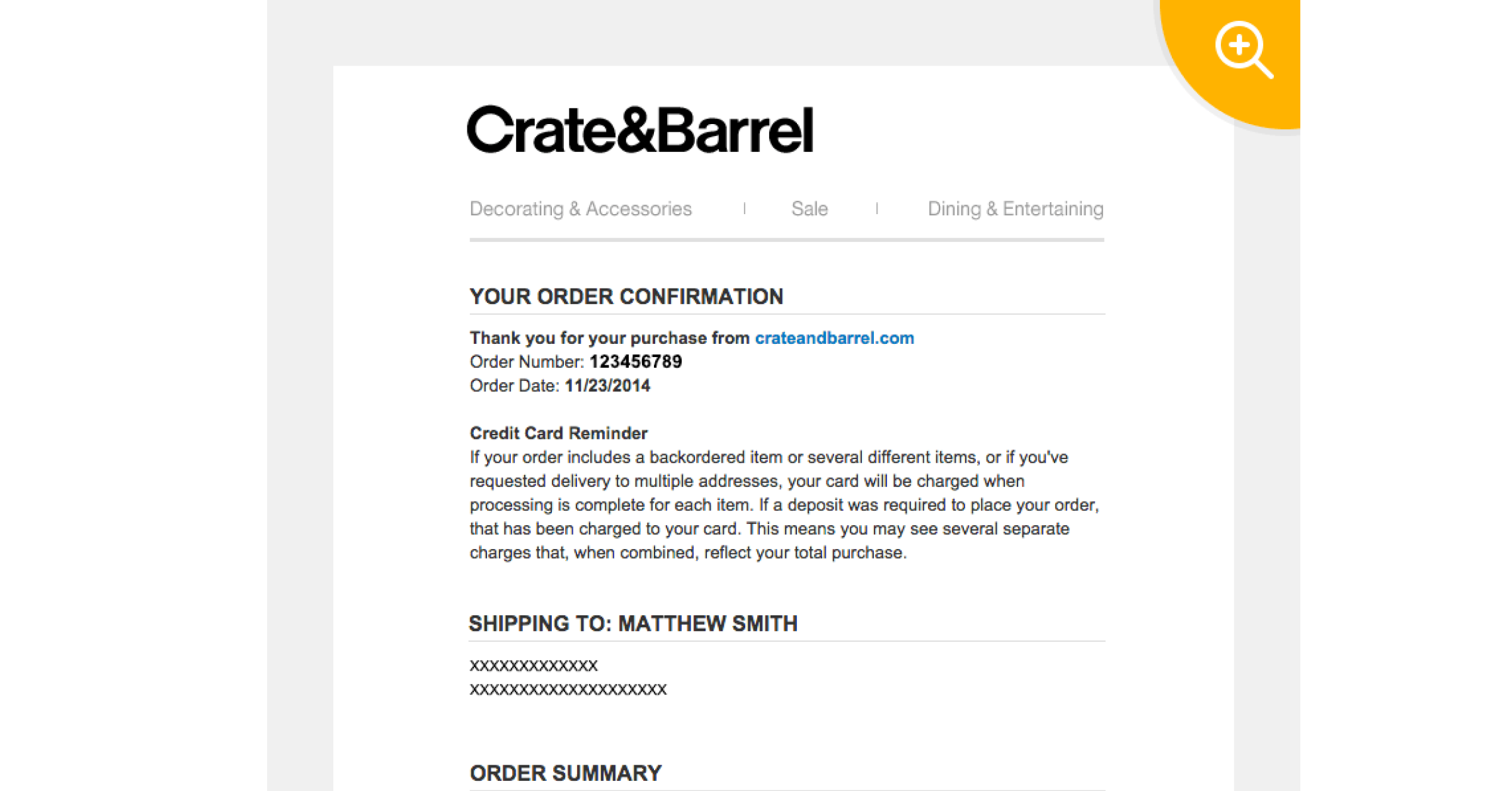 Triggered email by Crate & Barrel upon order confirmation