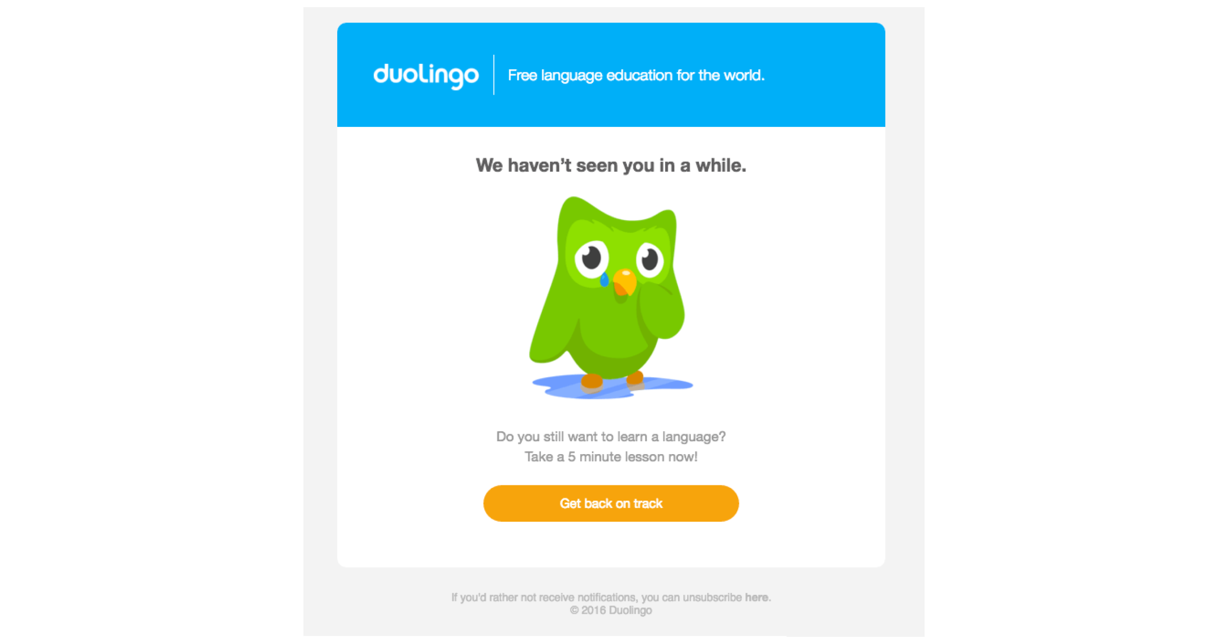 Re-engagement email example by Duolingo