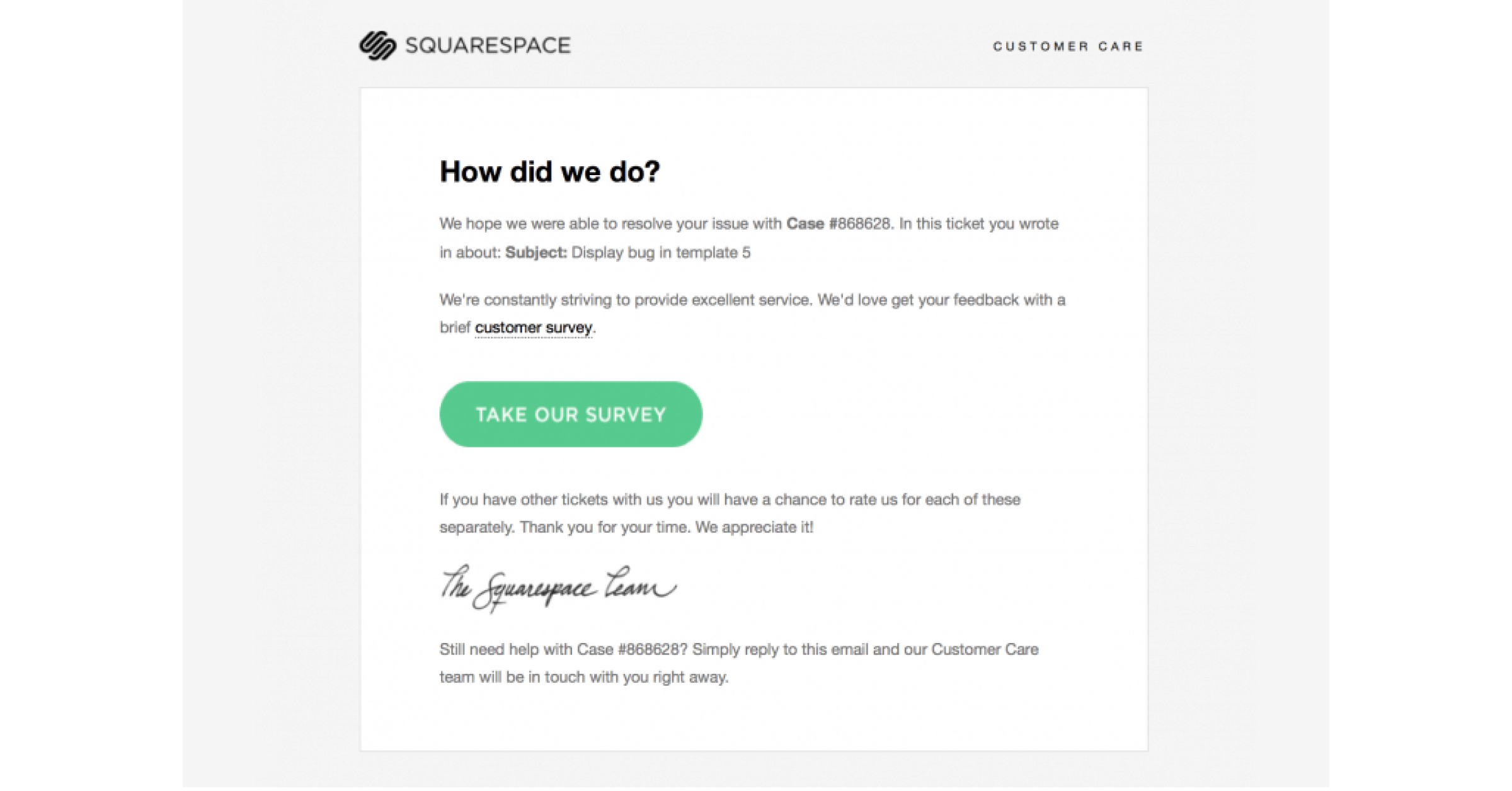 example: Gather feedback from customers via automated email by SquareSpace