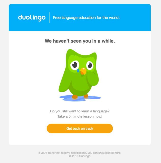 Re-engagement email example by Duolingo