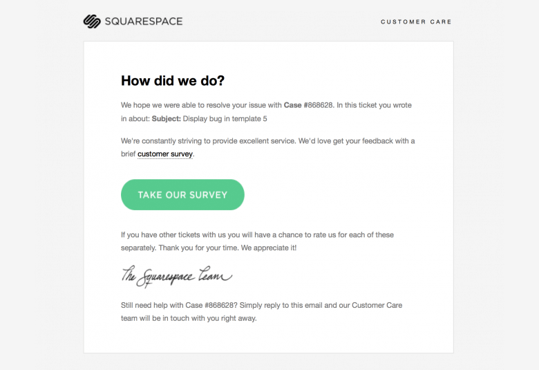 example: Gather feedback from customers via automated email by SquareSpace