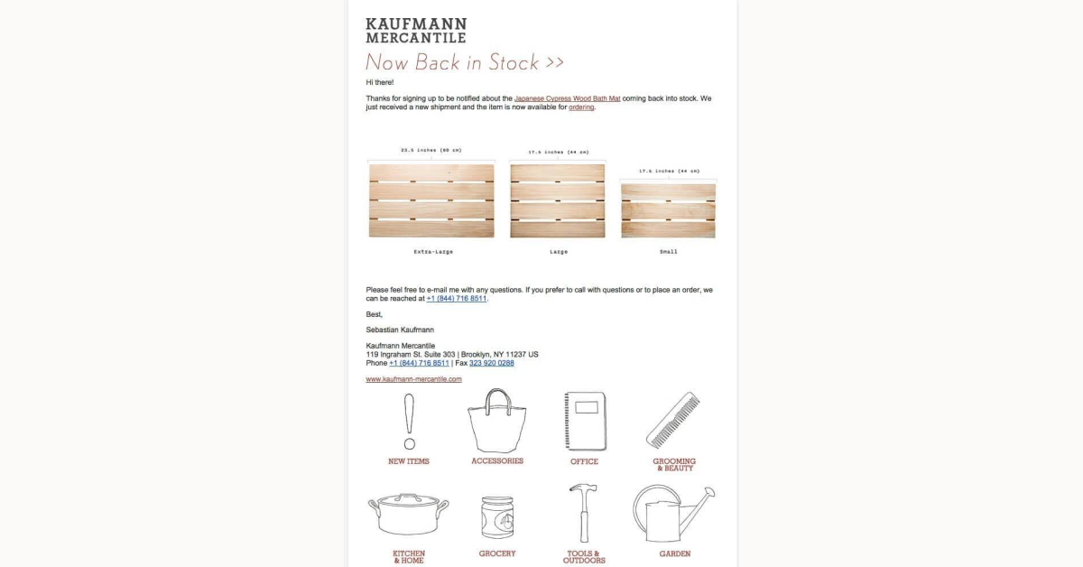 Kaufmann Mercantile - Back in stock emails 