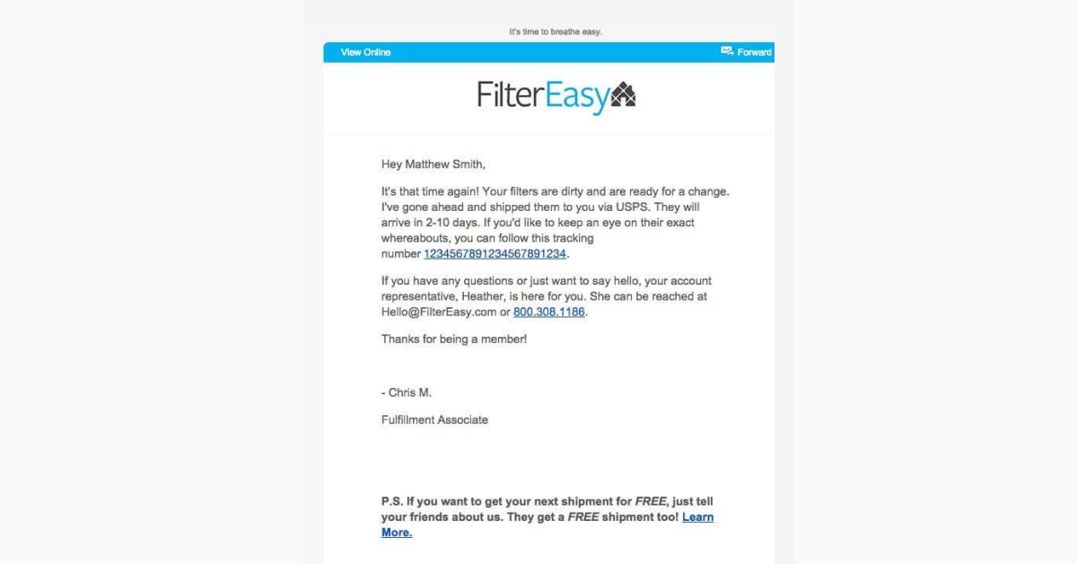 FilterEasy - Automatic purchase email