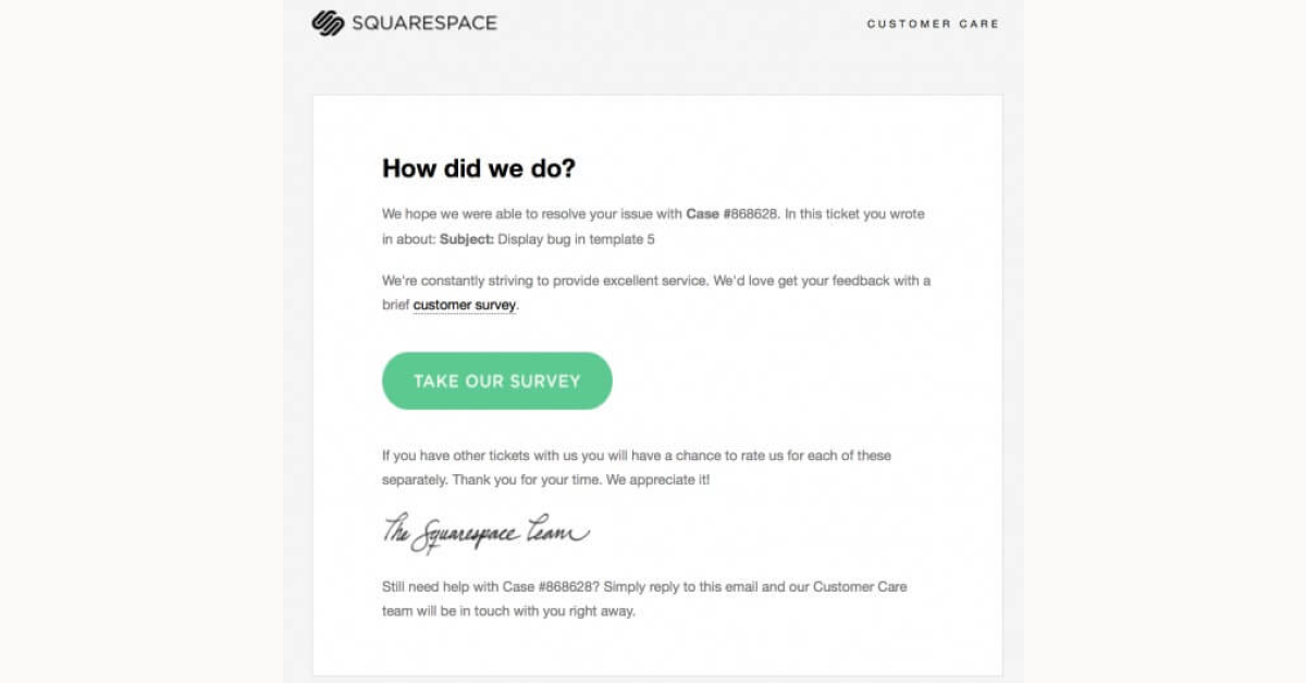 SquareSpace - Customer service follow-up email