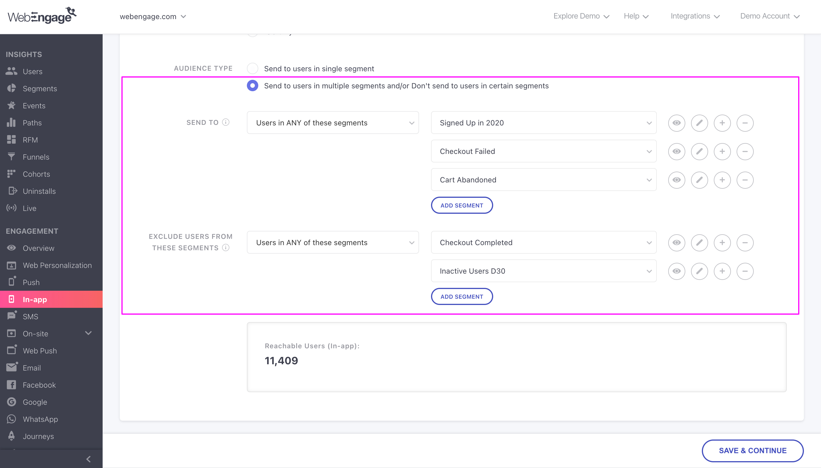 You can now include/exclude multiple segments while sending an In-app notification