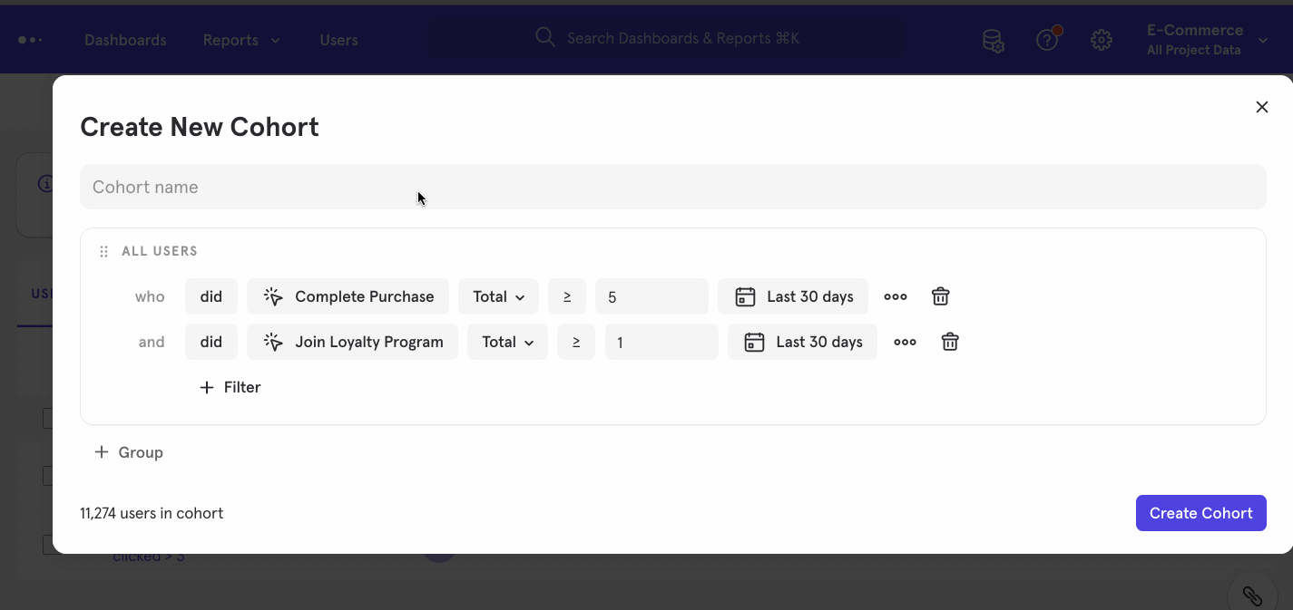 Create Cohort on Mixpanel Integrated Tool | WebEngage